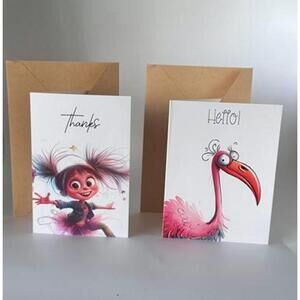 Whimsical Greeting Cards Set - Thanks & Hello with Envelopes